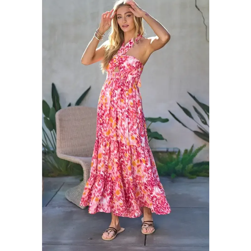 PRINTED SMOCKED RUFFLE MAXI DRESS