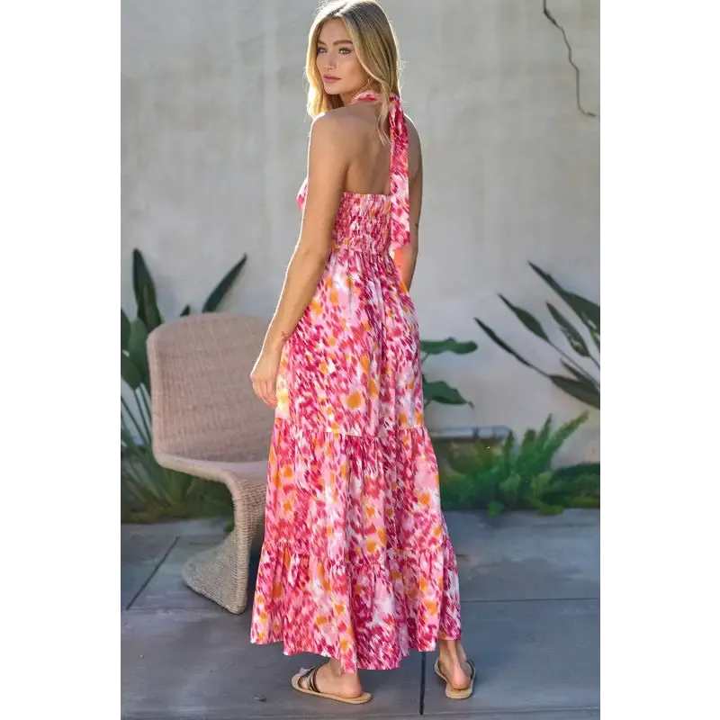 PRINTED SMOCKED RUFFLE MAXI DRESS