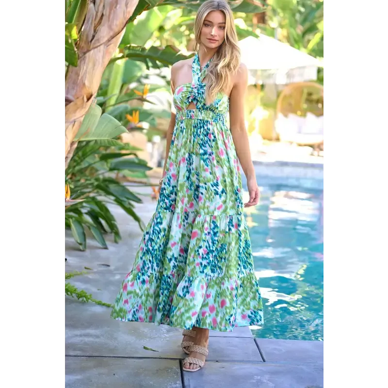 PRINTED SMOCKED RUFFLE MAXI DRESS