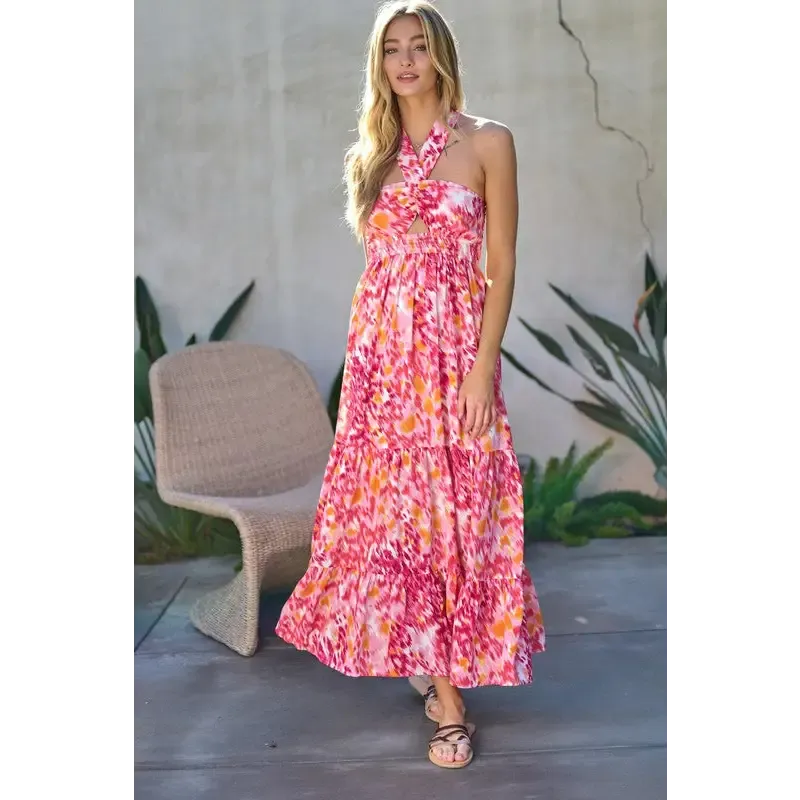 PRINTED SMOCKED RUFFLE MAXI DRESS