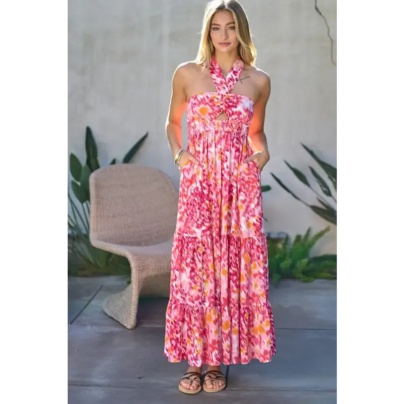 PRINTED SMOCKED RUFFLE MAXI DRESS