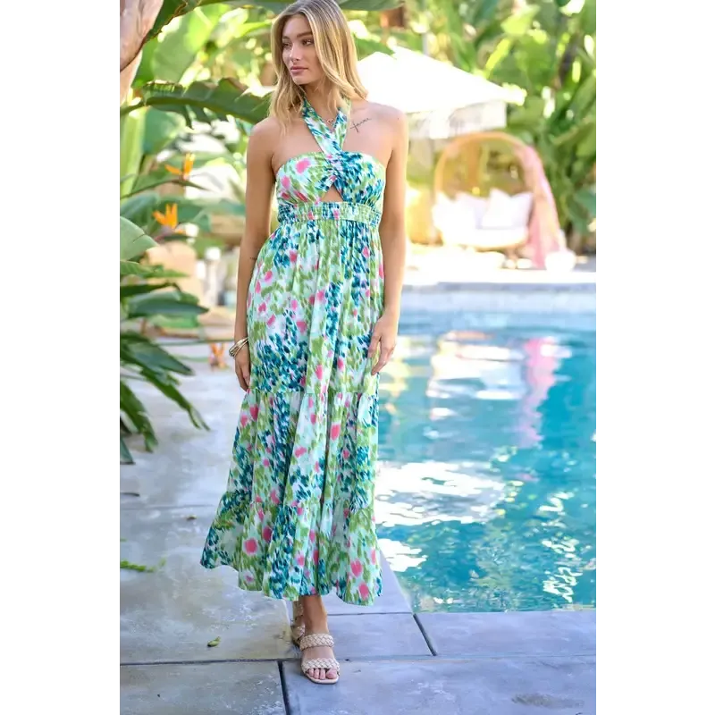 PRINTED SMOCKED RUFFLE MAXI DRESS