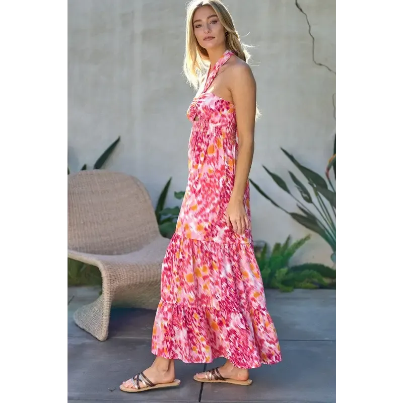 PRINTED SMOCKED RUFFLE MAXI DRESS