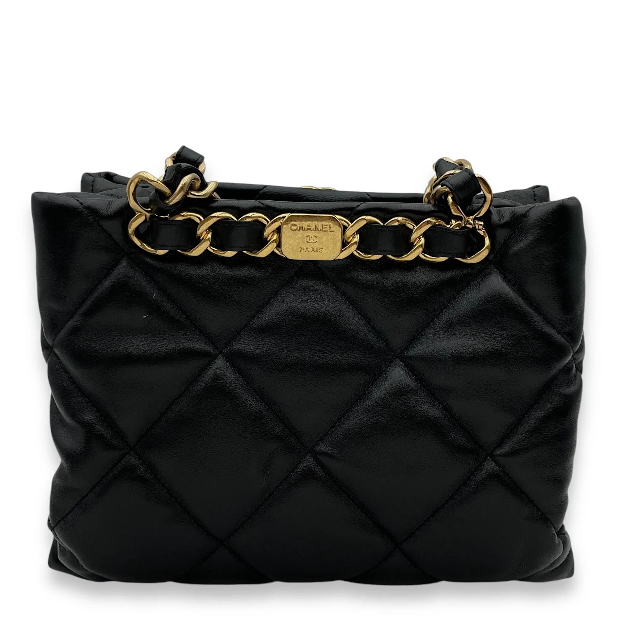 Quilted Shopping Small Black Tote Bag in Lambskin, Gold hardware