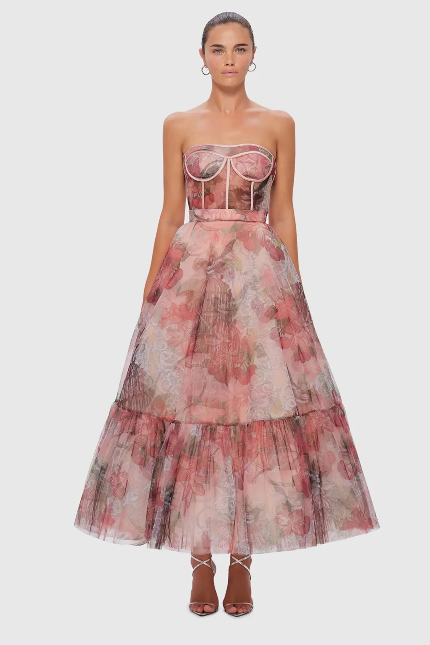 Rae Bustier Midi Dress Azalea Print in Fortune by Leo Lin