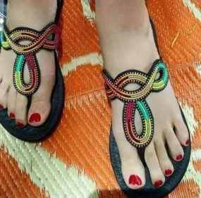 Rasta colors beaded handmade masaai maasai masai leather slippers|ladies sandals|summer slipon|casual flip-on with free shipping world wide