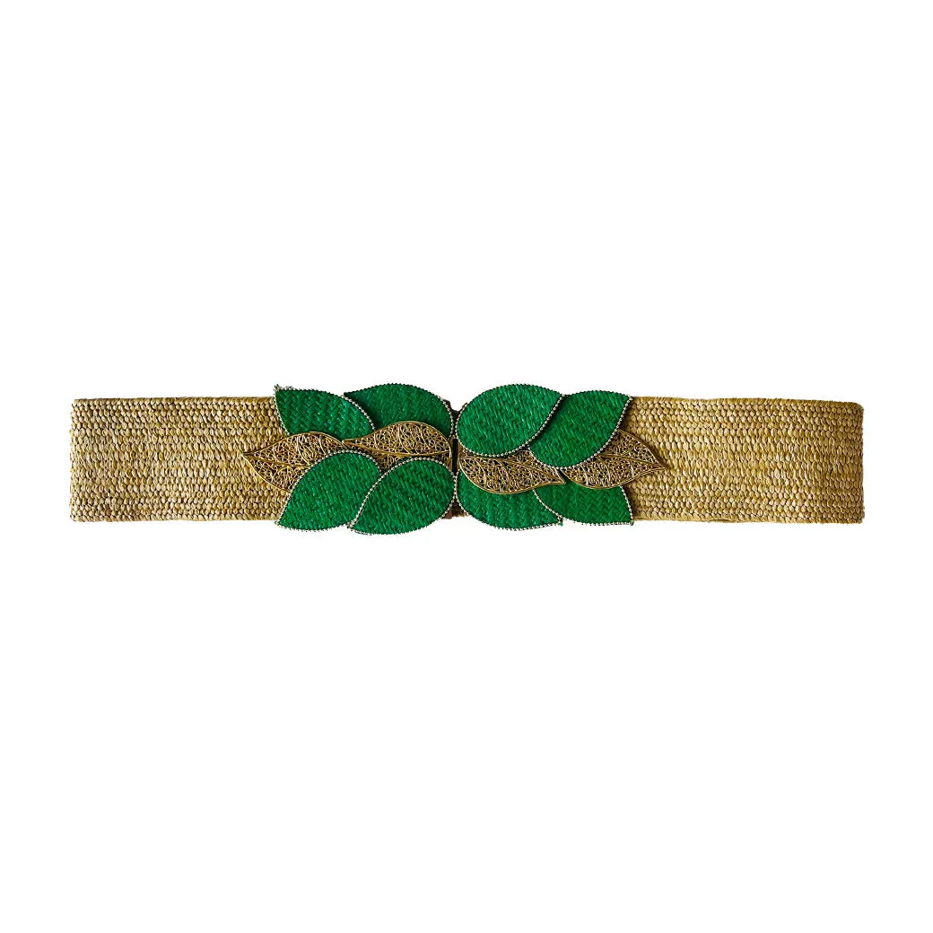 Rattan Leaves Buckle Stretch Belt - Tan & Green