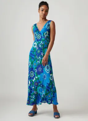 Sandrine Sleeveless Blue Print Midi Dress