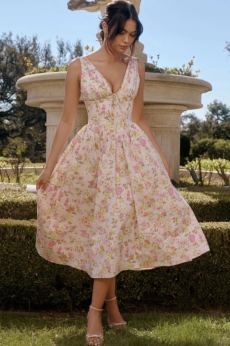 Sexy Bow Tie Deep V Ruched Drop Waist Pocket Corset Floral Midi Sundress - Pink