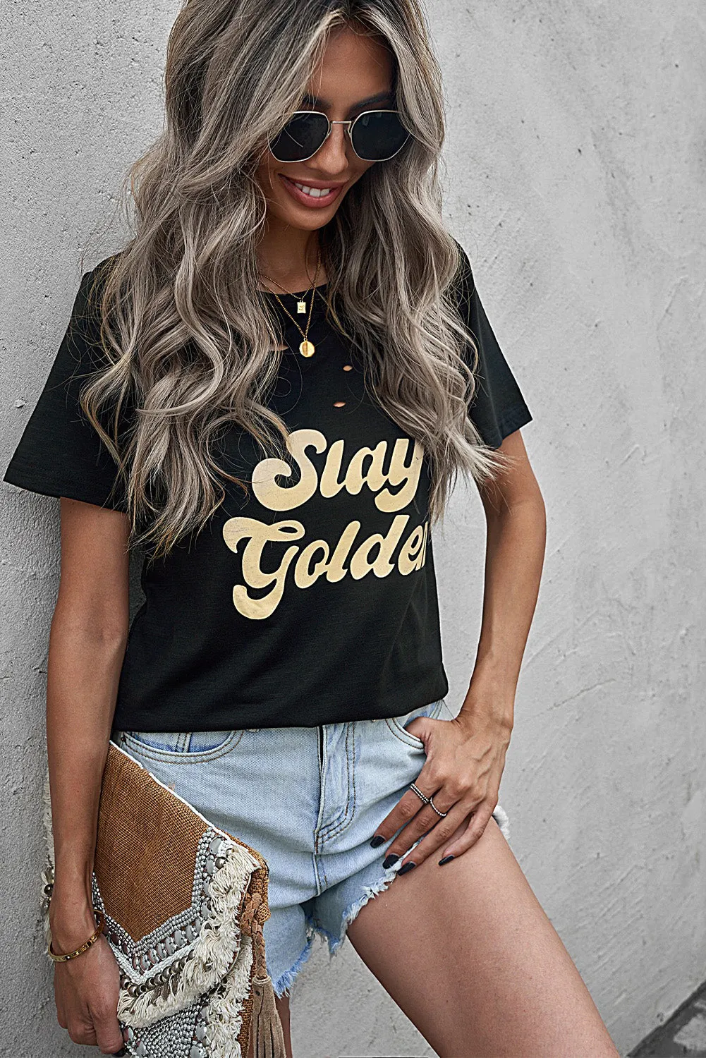 SLAY GOLDEN Distressed Round Neck Tee