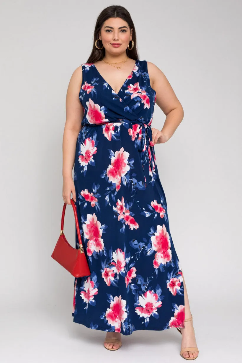 Sleeveless V-Neck Tie Waist Maxi Dress | Navy/Mauve Floral