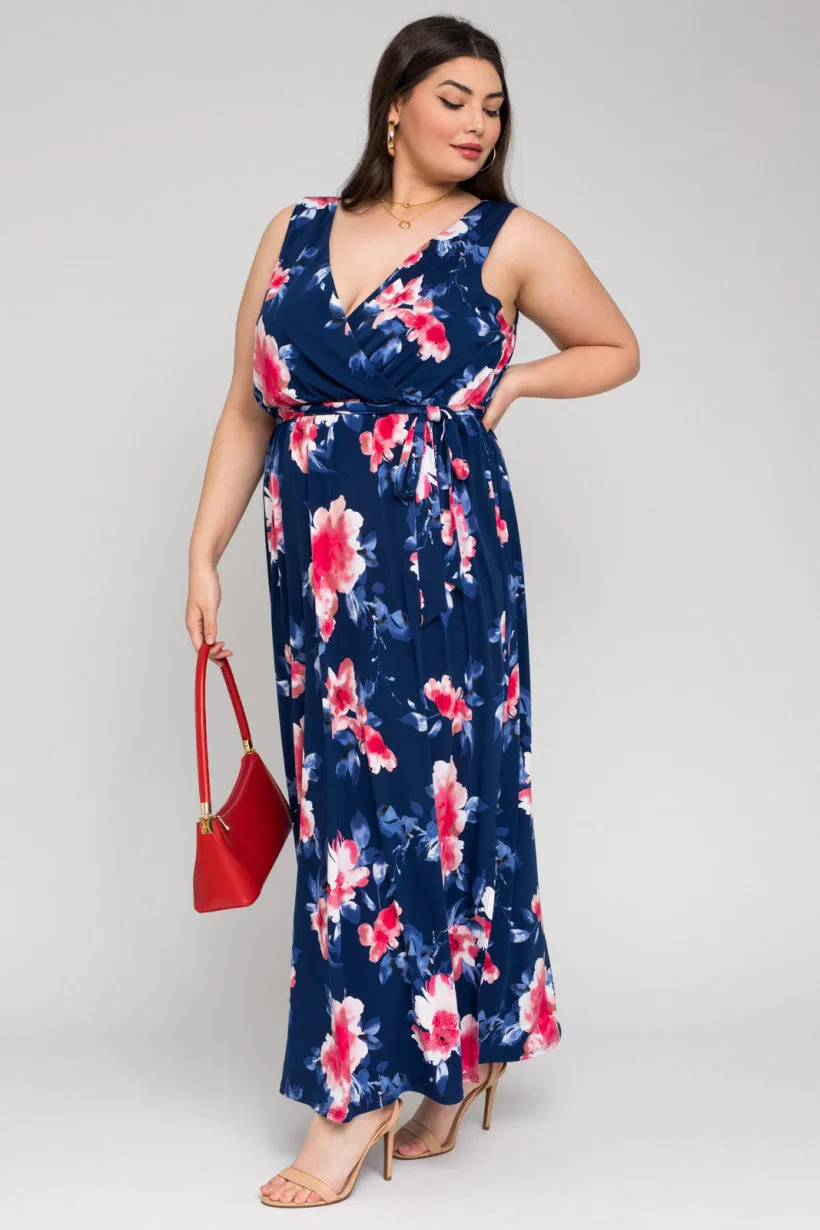 Sleeveless V-Neck Tie Waist Maxi Dress | Navy/Mauve Floral