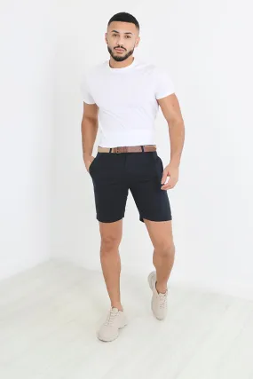 SOLID NAVY BELTED COTTON TWILL SHORTS