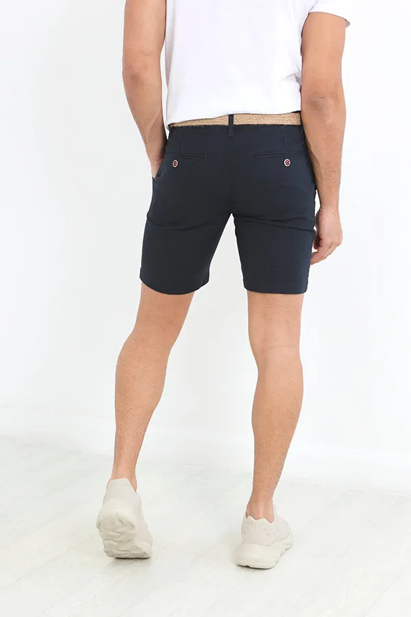 SOLID NAVY BELTED COTTON TWILL SHORTS