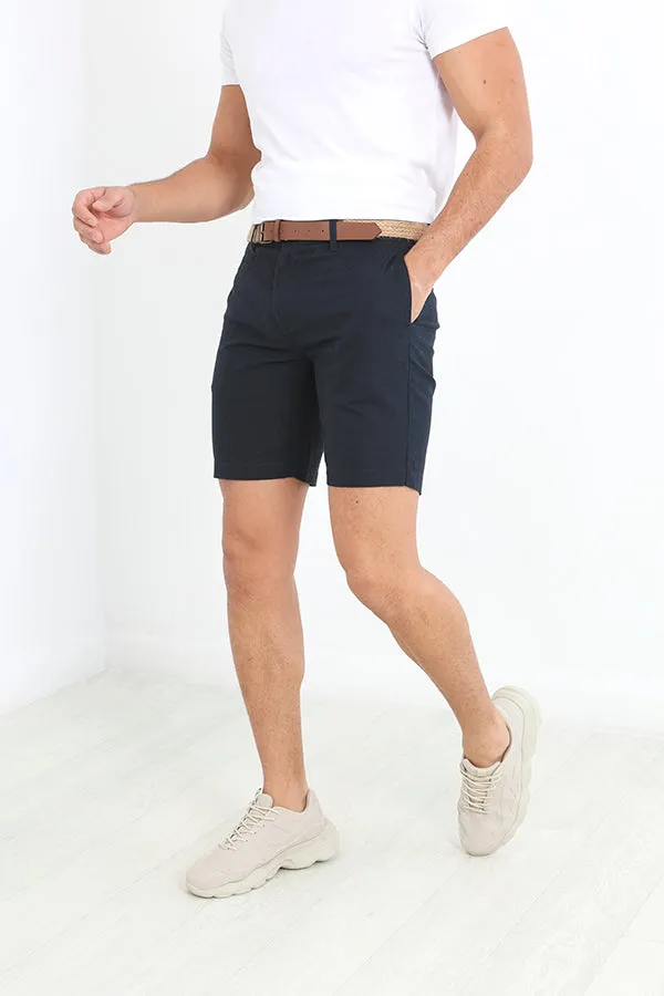 SOLID NAVY BELTED COTTON TWILL SHORTS