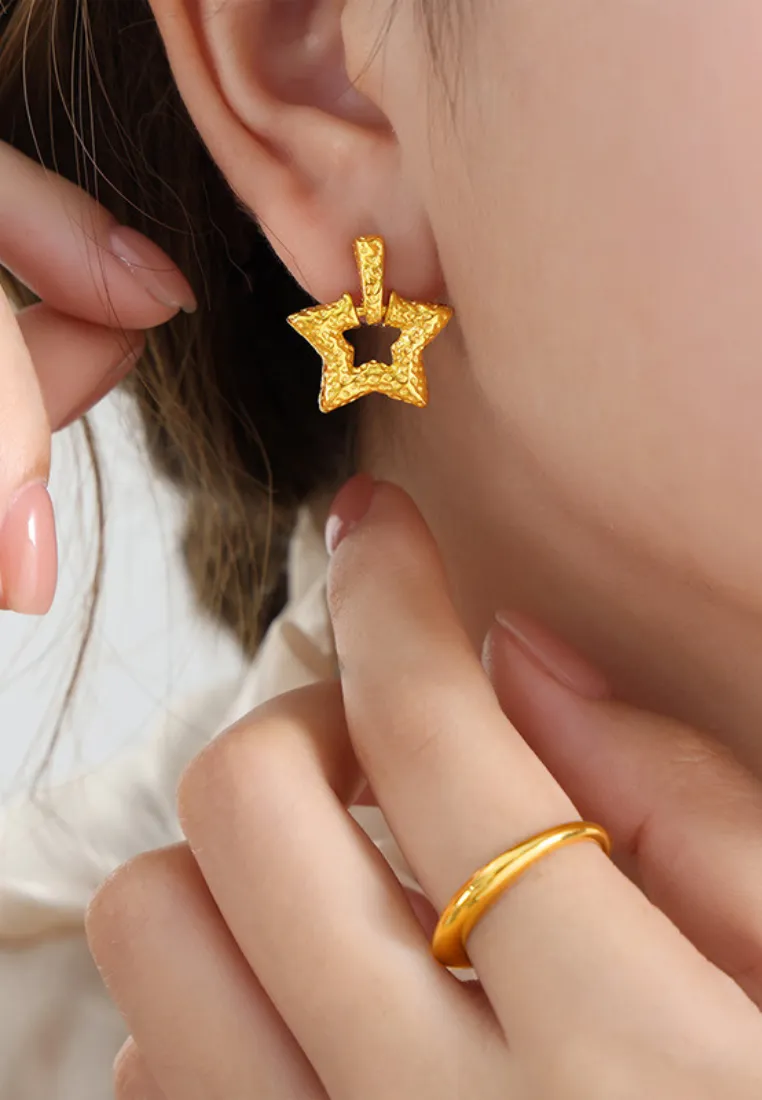 Stellar Lucky Star Stud Drop Earrings in Gold