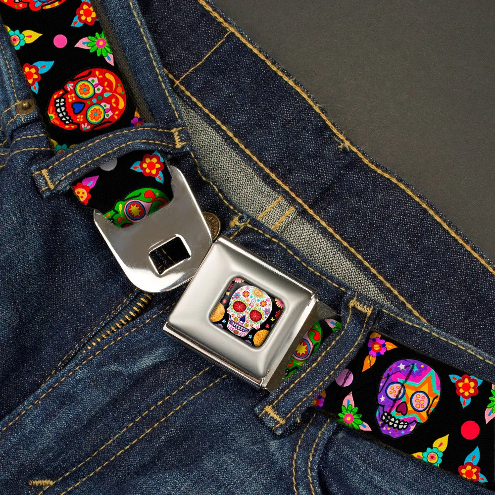 Sugar Skull Starburst Full Color Black/Multi Color Seatbelt Belt - Colorful Calaveras Black/Multi Color Webbing