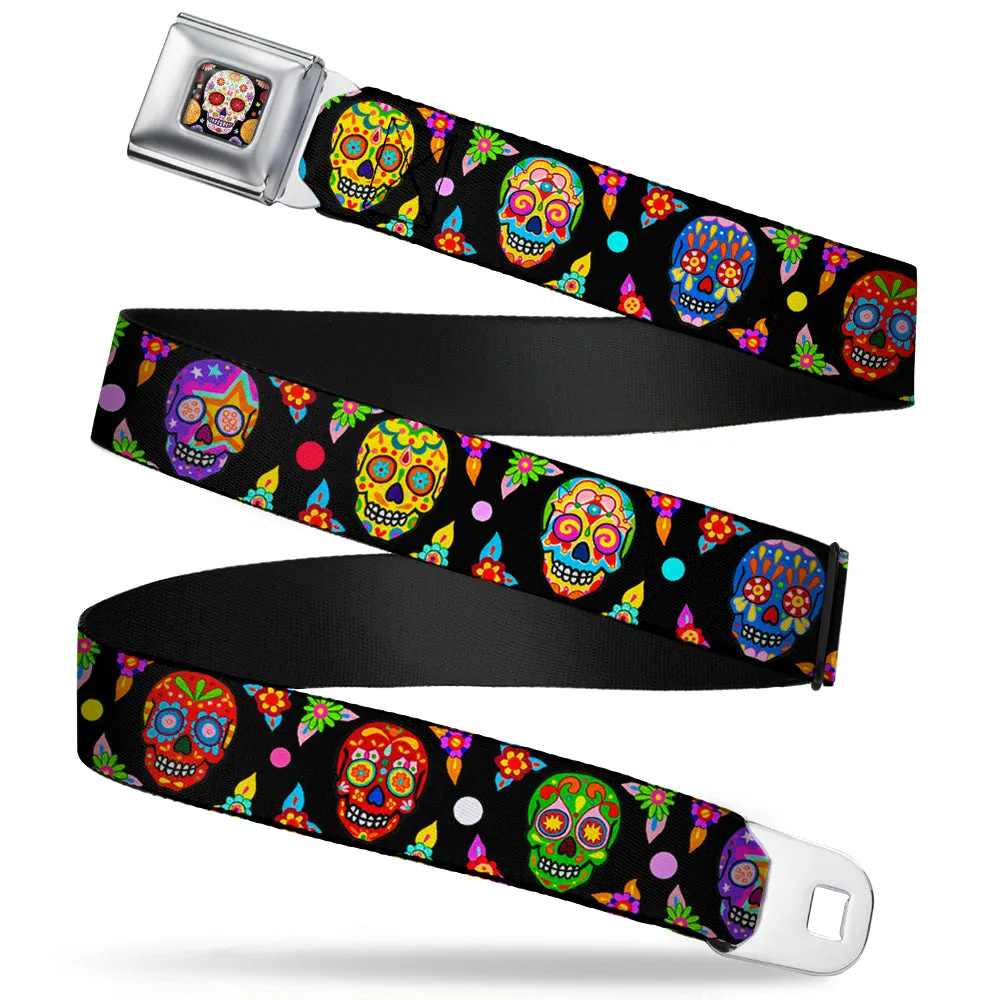 Sugar Skull Starburst Full Color Black/Multi Color Seatbelt Belt - Colorful Calaveras Black/Multi Color Webbing