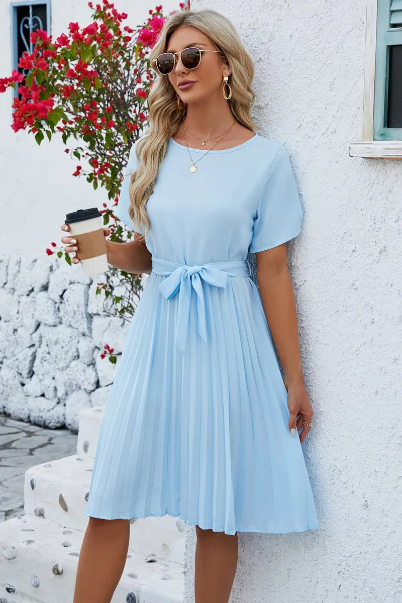 Summer Spell Casual Short Sleeve Midi Pleated Dresses