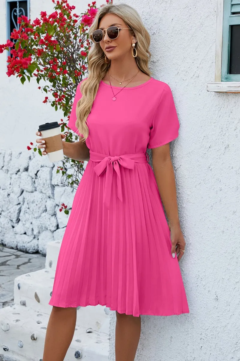 Summer Spell Casual Short Sleeve Midi Pleated Dresses