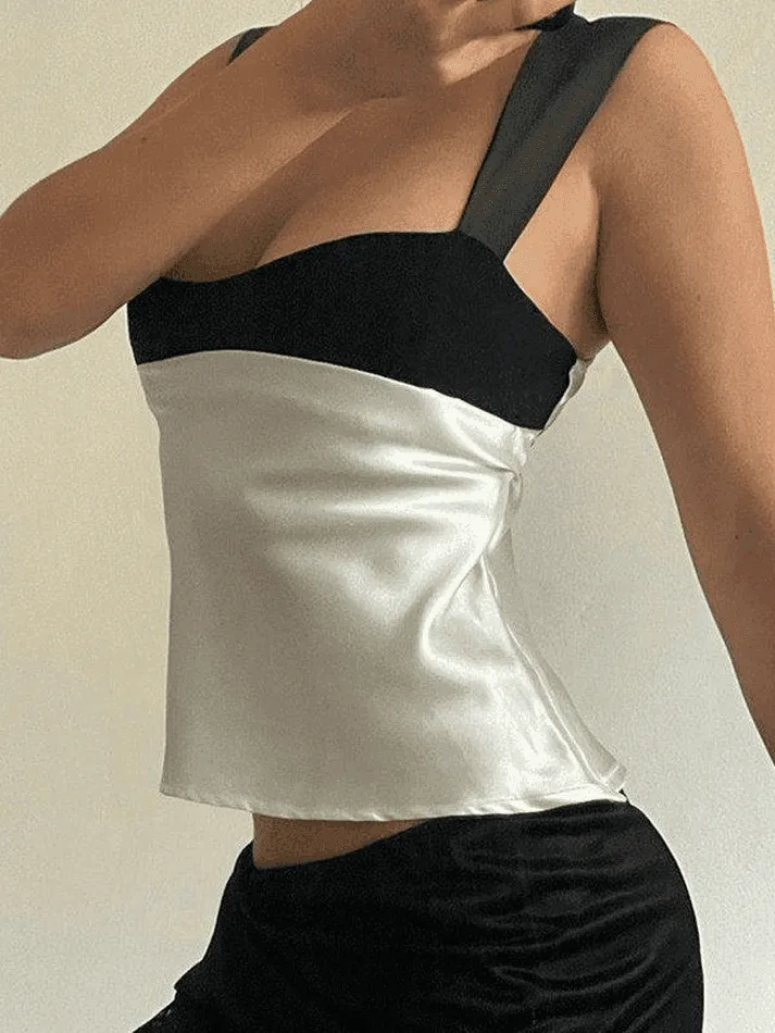 Tie Back Patchwork Satin Tank Top