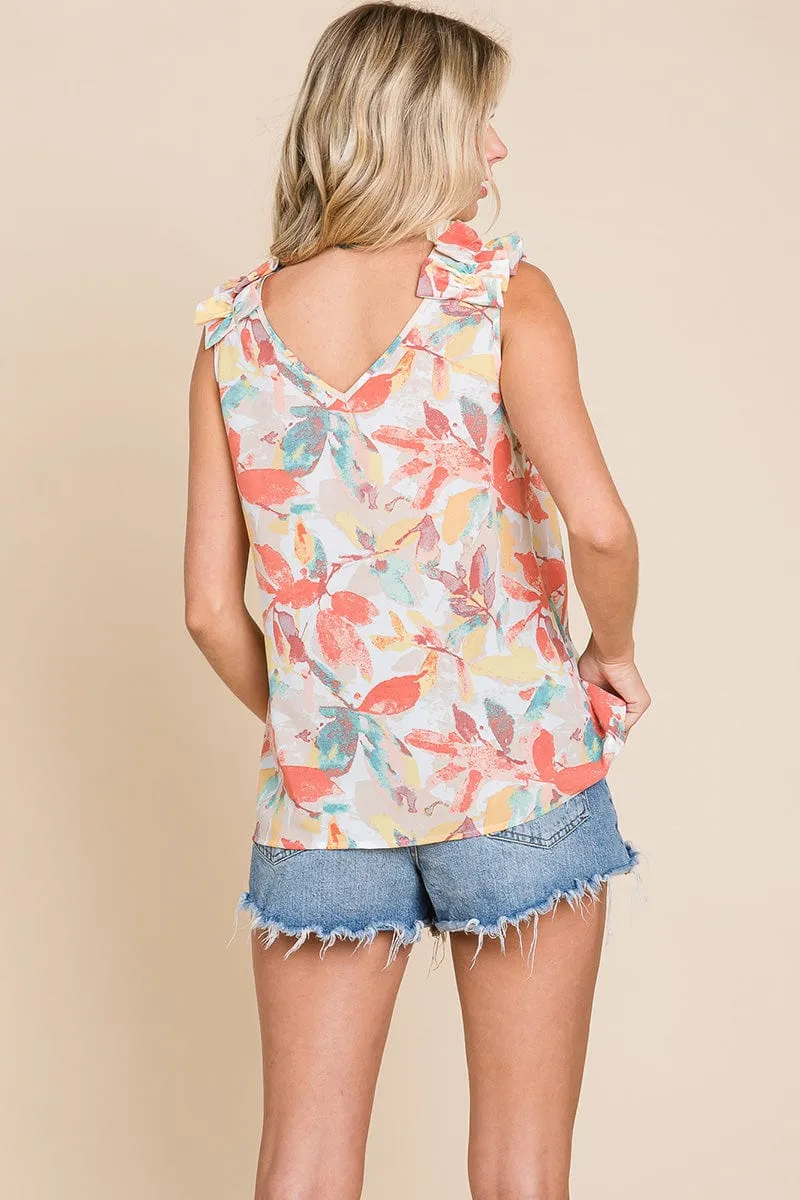 V Neck Sleeveless Ruffled Printed Top