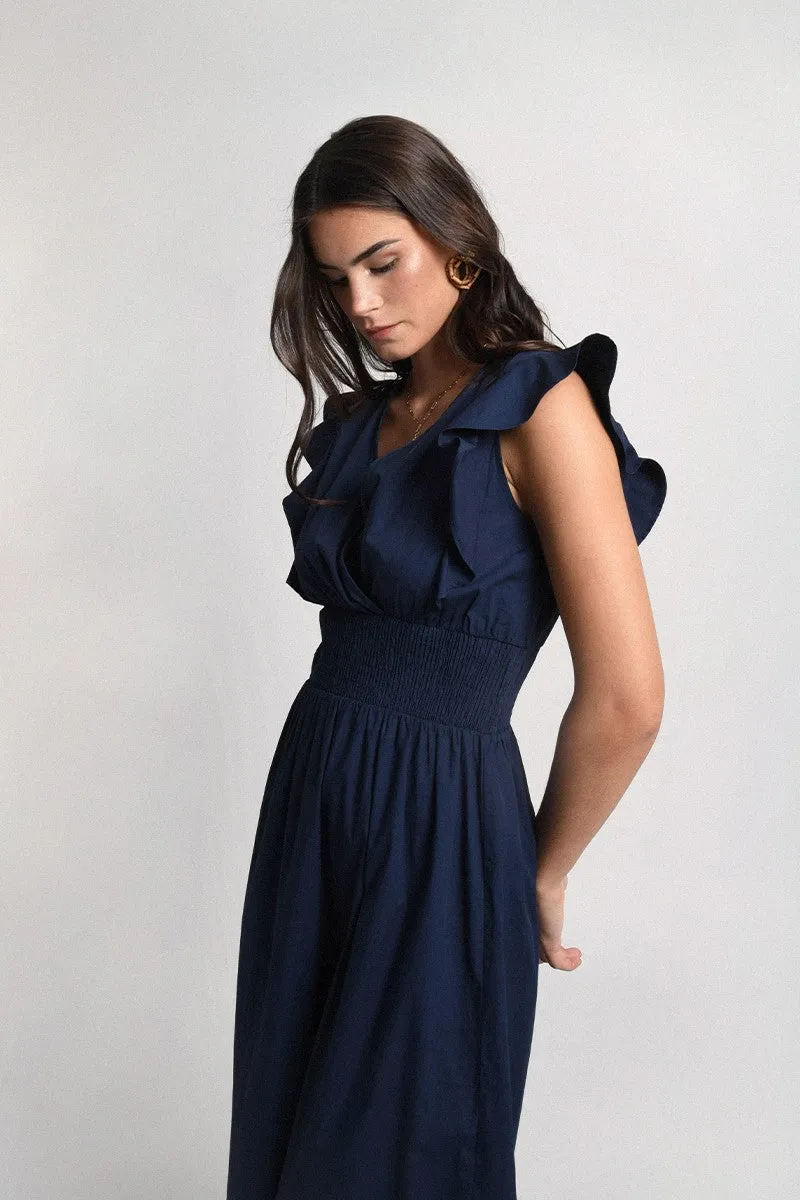 V-Shaped Dress with Smocked Waist | Navy Blue