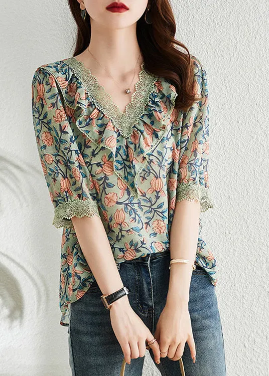 Vintage V Neck Print Chiffon Tops Short Sleeve LY0363