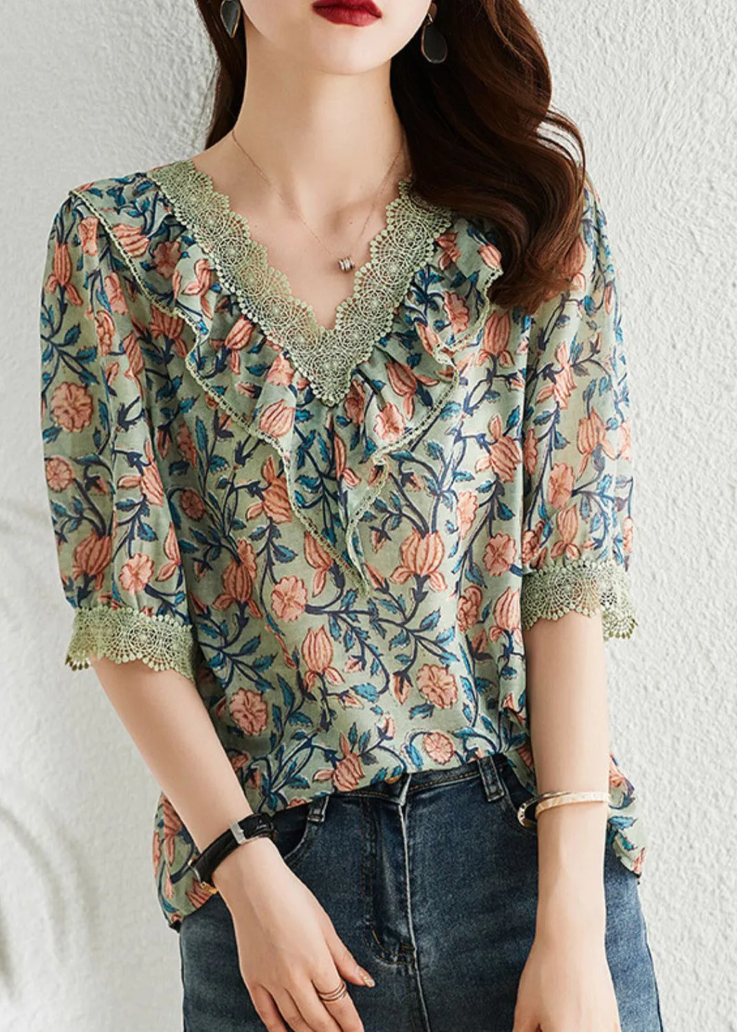 Vintage V Neck Print Chiffon Tops Short Sleeve LY0363