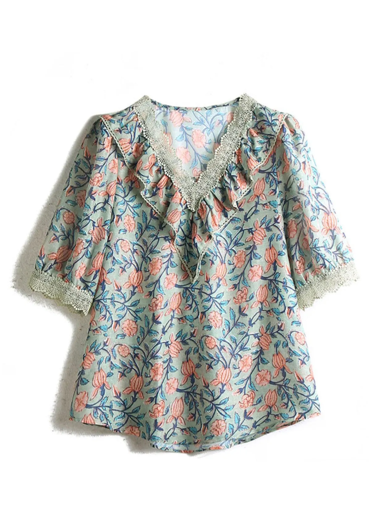 Vintage V Neck Print Chiffon Tops Short Sleeve LY0363