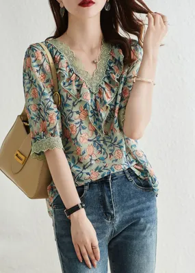 Vintage V Neck Print Chiffon Tops Short Sleeve LY0363