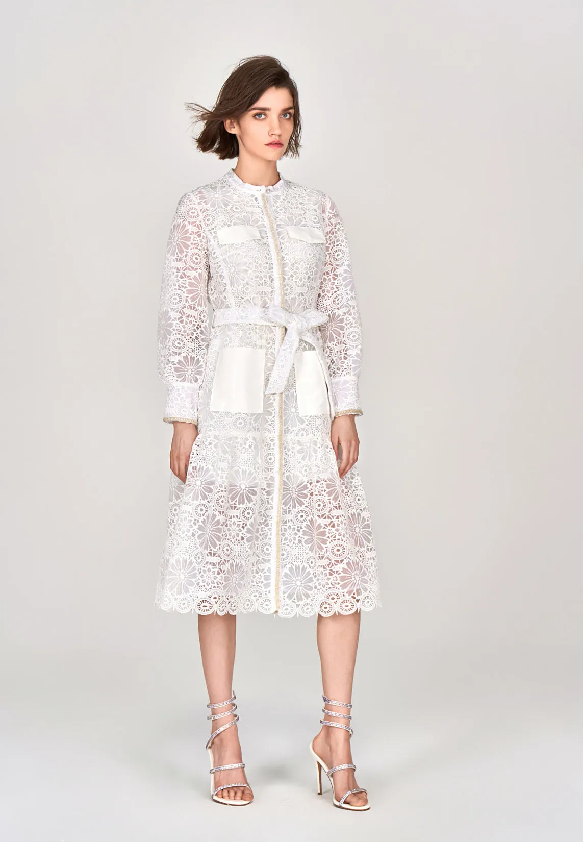 White Lace Stand Collar Tie Waist Dress