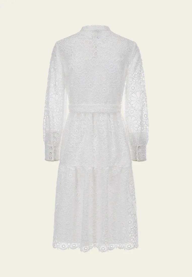 White Lace Stand Collar Tie Waist Dress