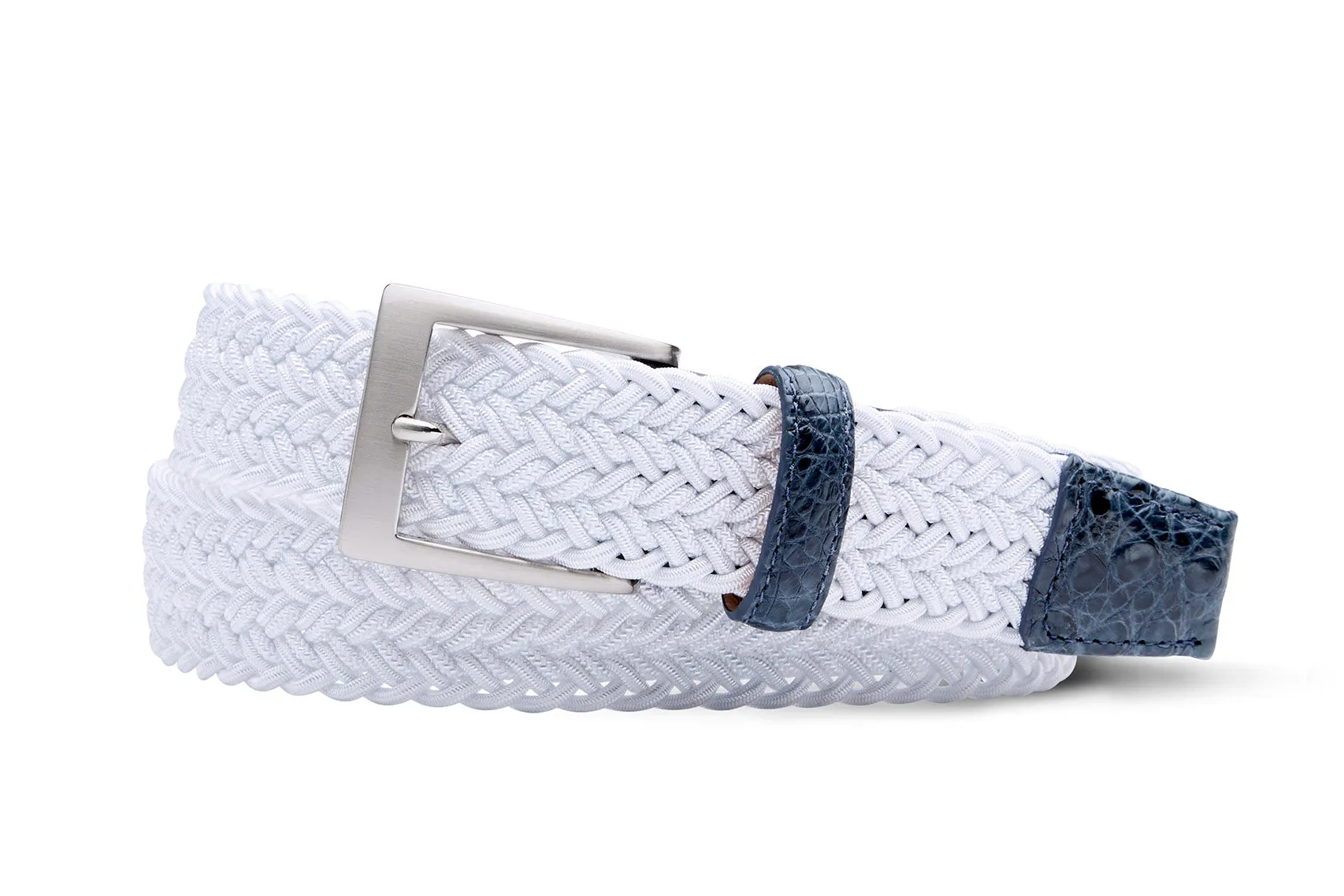 White Stretch Belt with Croc Tabs and Brushed Nickel Buckle