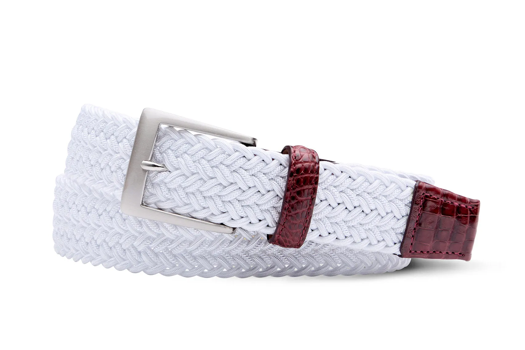 White Stretch Belt with Croc Tabs and Brushed Nickel Buckle