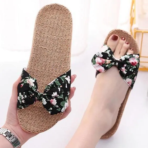 Women flower bowknot flat comfy 
slide bow sandals