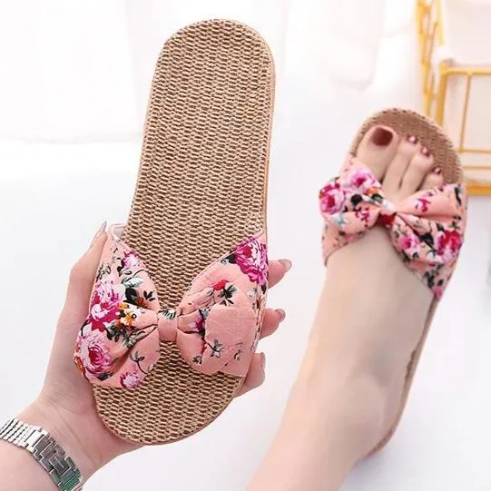 Women flower bowknot flat comfy 
slide bow sandals