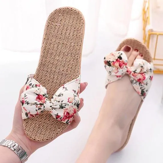 Women flower bowknot flat comfy 
slide bow sandals