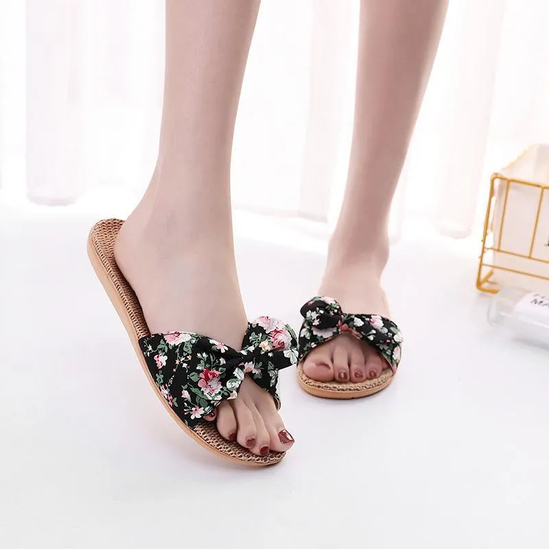 Women flower bowknot flat comfy 
slide bow sandals