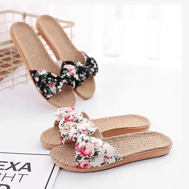 Women flower bowknot flat comfy 
slide bow sandals