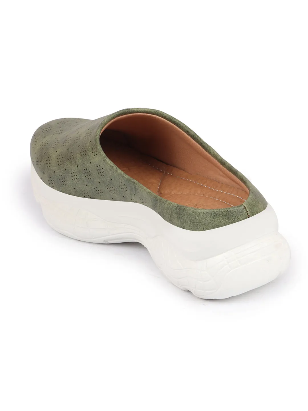 Women Olive Back Open Classic Design Slip On Mules Shoes