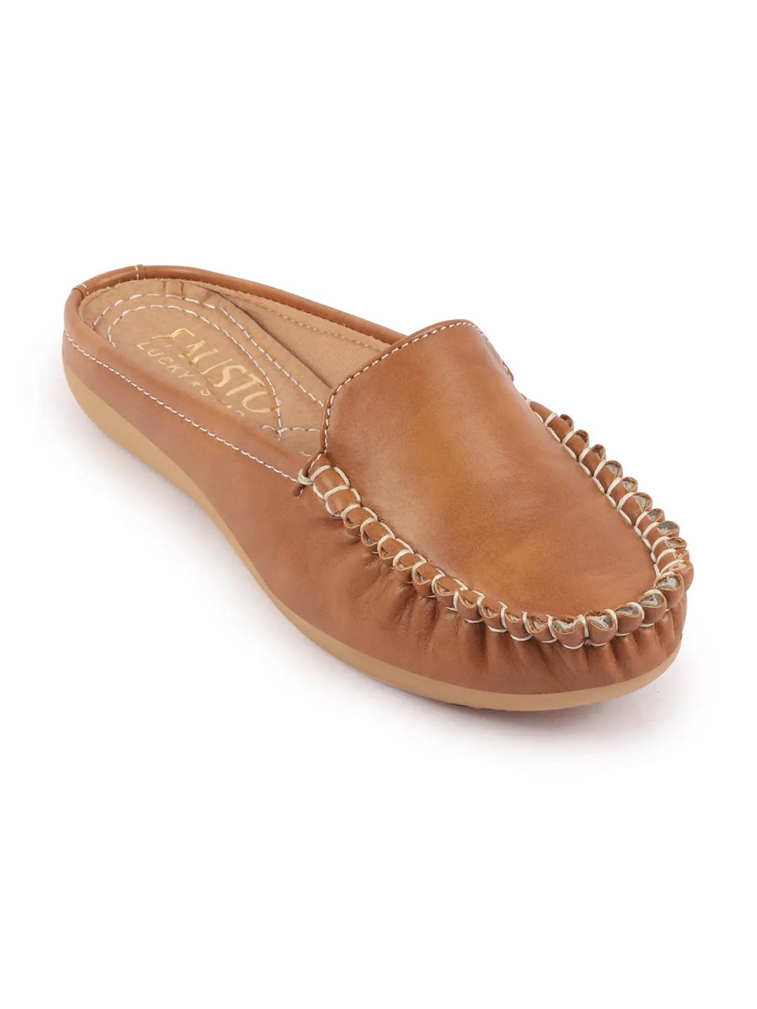 Women Tan Side Stitched Back Open Slip On Mules Shoes