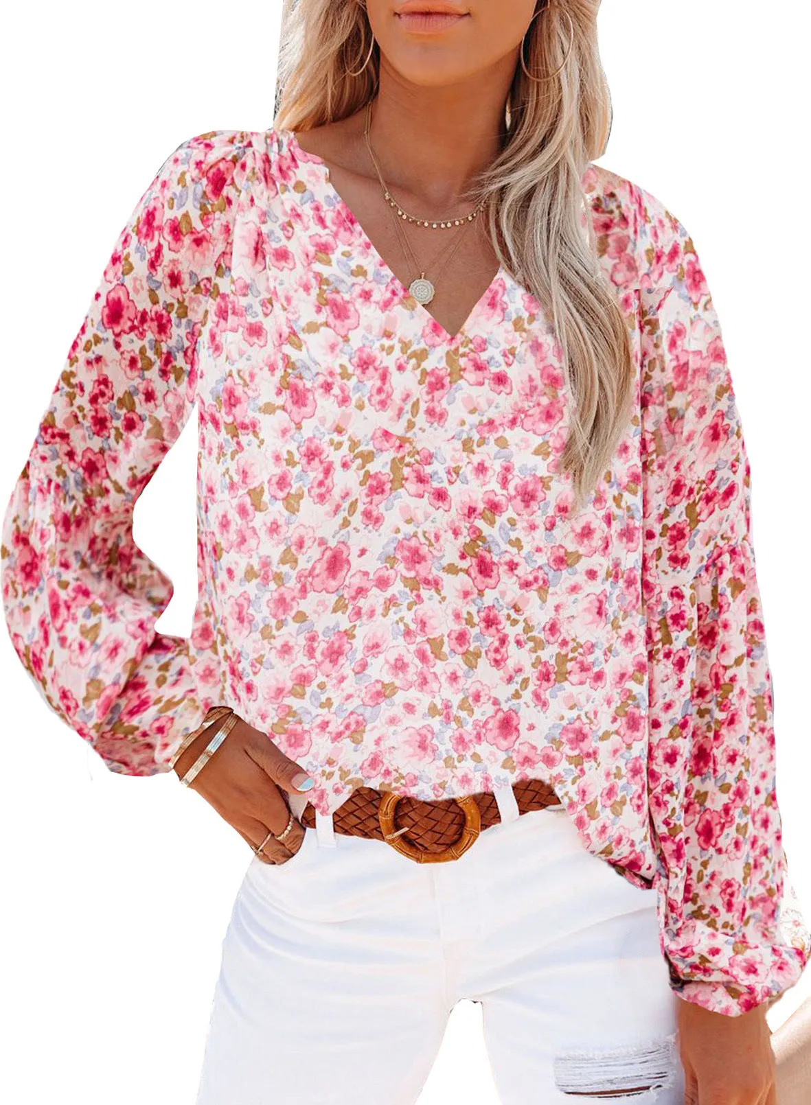 Women V-neck Slim Fit Chiffon Blouses Lantern Sleeve Floral Shirt