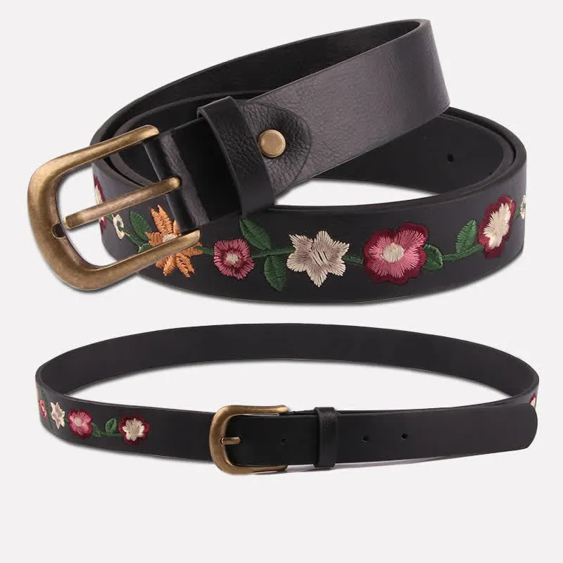 Women's Colorful Rose Embroidery Boho Leather Belt