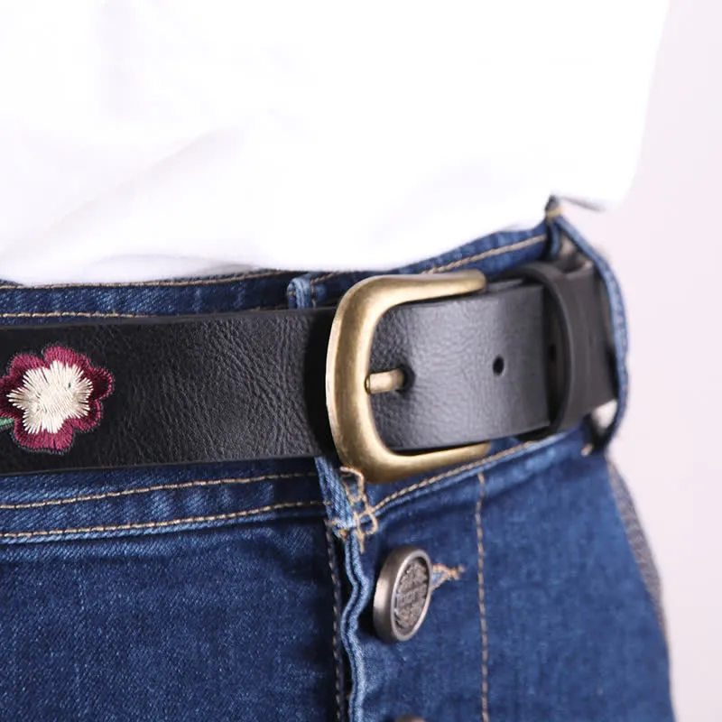 Women's Colorful Rose Embroidery Boho Leather Belt