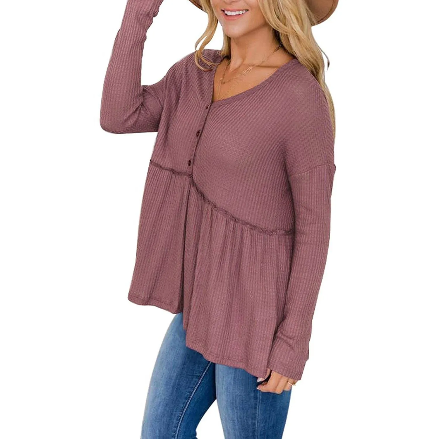 Women's Long Sleeve V Neck Ruffle Babydoll Tunic Tops