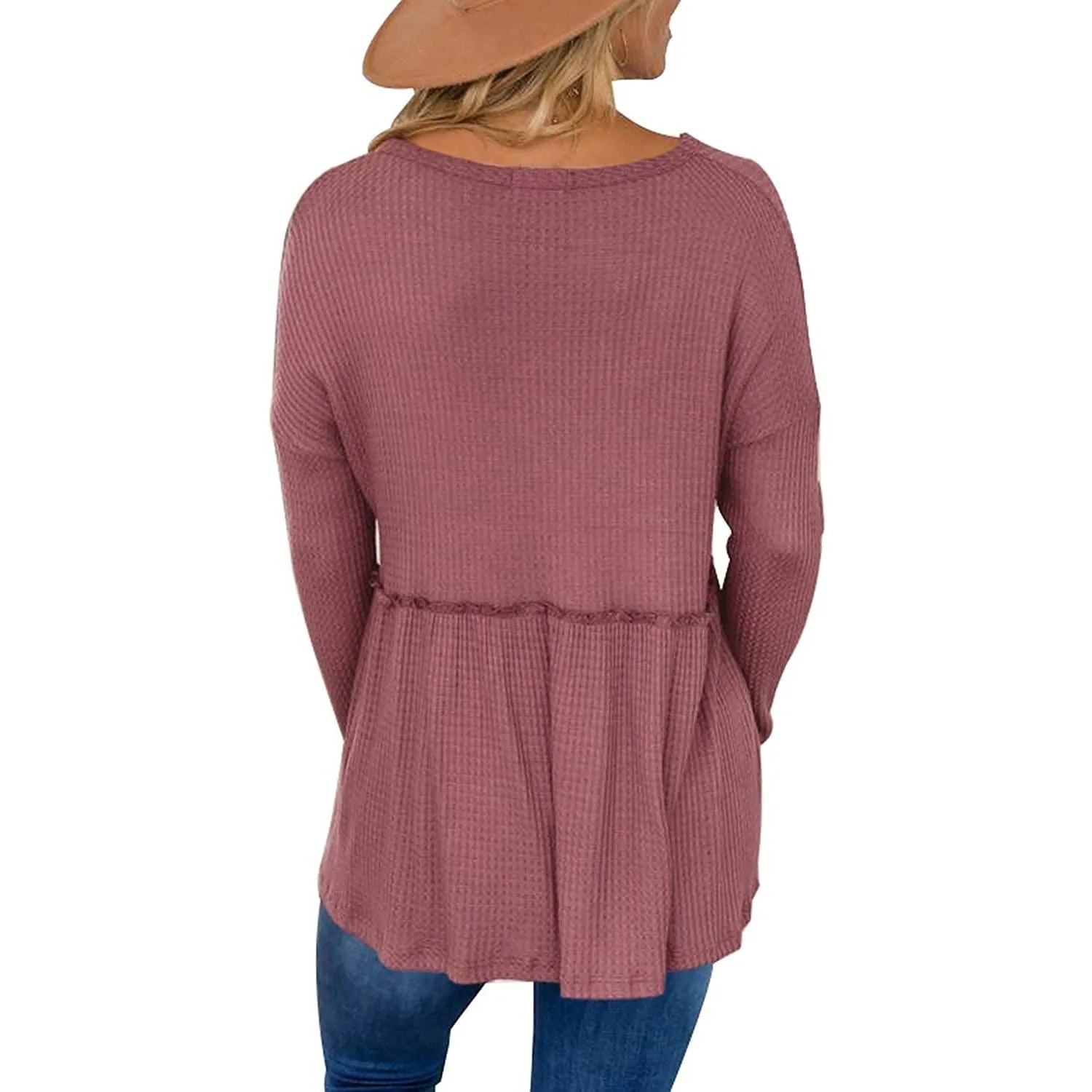 Women's Long Sleeve V Neck Ruffle Babydoll Tunic Tops