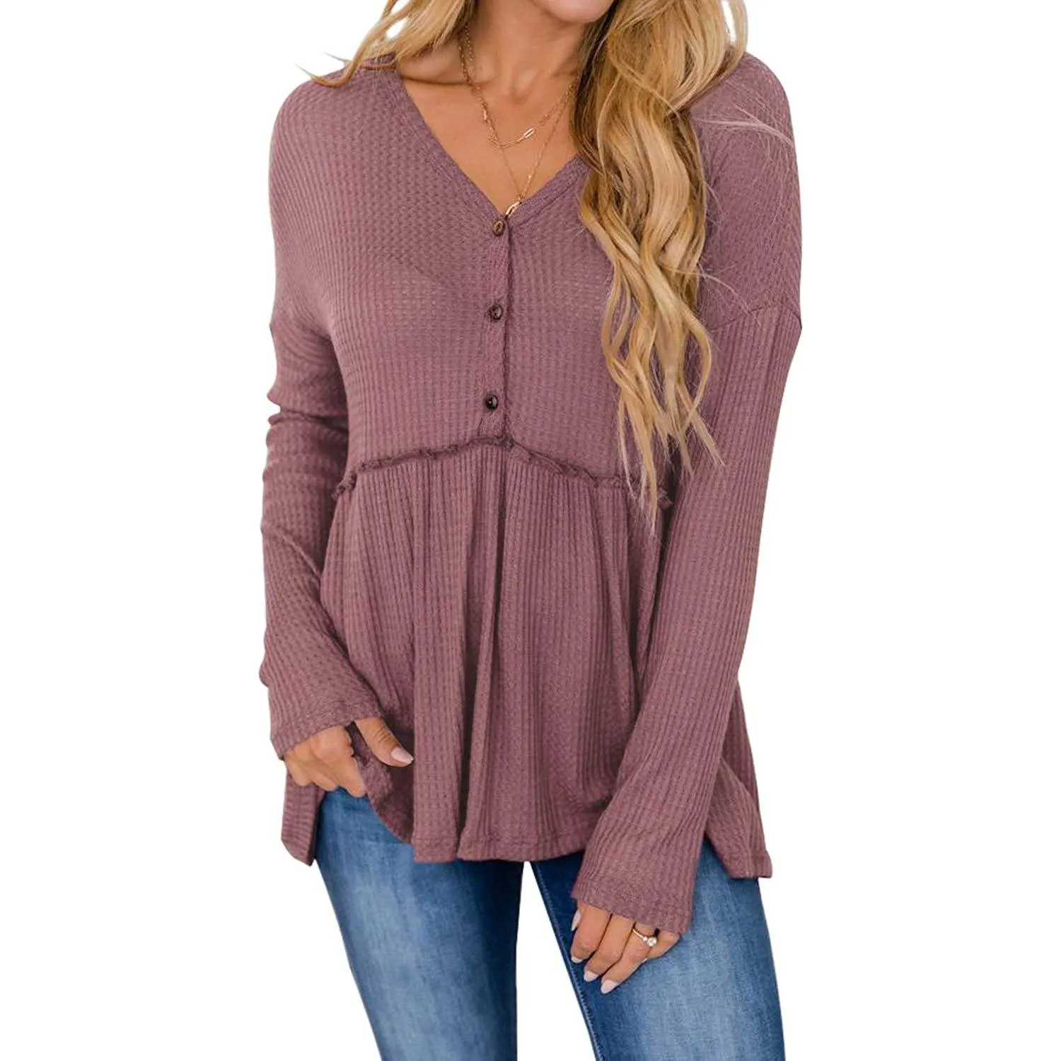 Women's Long Sleeve V Neck Ruffle Babydoll Tunic Tops