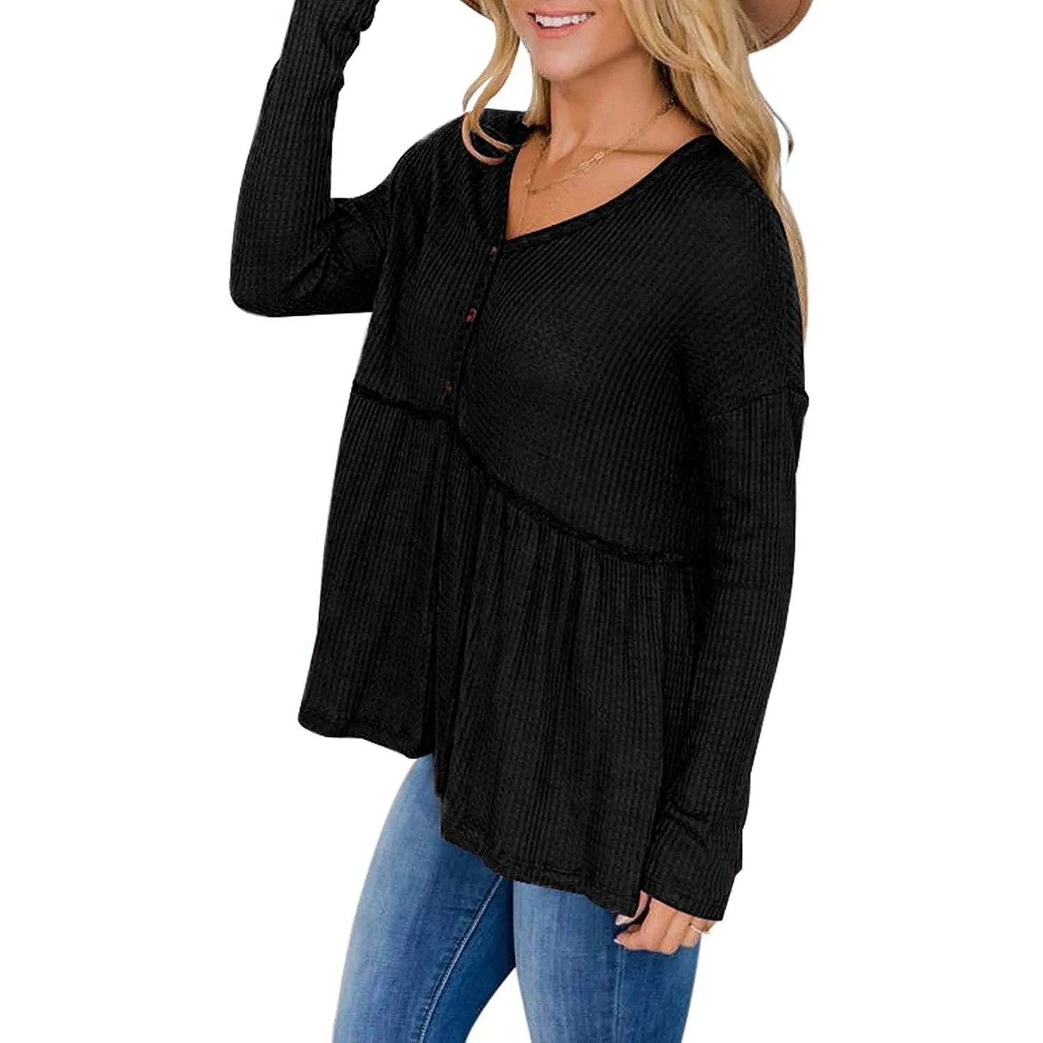 Women's Long Sleeve V Neck Ruffle Babydoll Tunic Tops