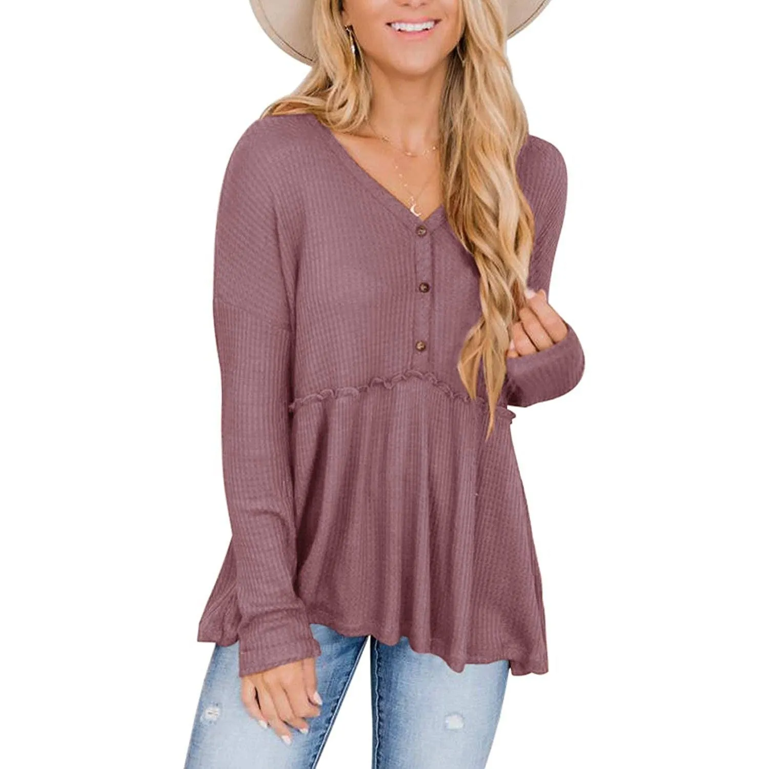 Women's Long Sleeve V Neck Ruffle Babydoll Tunic Tops